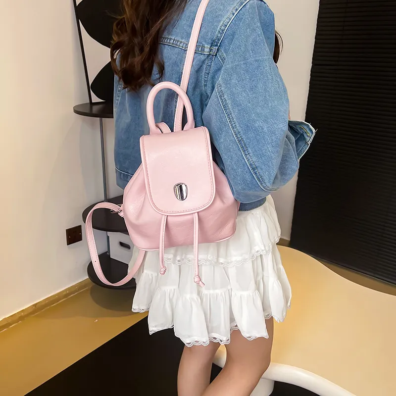 Dusen Kangaroo PU Handbag Small Backpack Regular Women's Ecru/Silver/Black/Pink-18