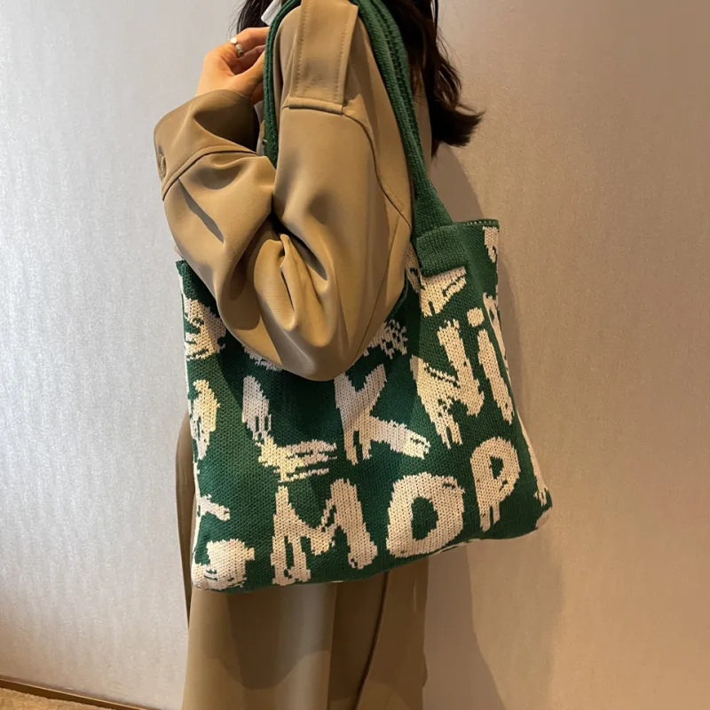 Dusen Kangaroo Knitted Fabric Shoulder Bag Regular Women's Black/Violet/Beige/Pink/Green & White/Green & Pink-28