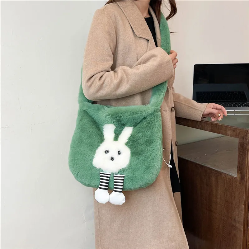 Dusen Kangaroo Plush Shoulder Bag Women's White/Gray/Khaki/Green/Pink-17