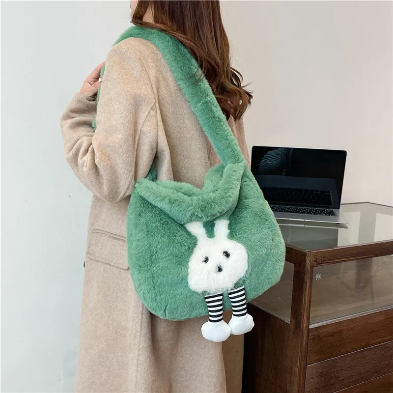 Dusen Kangaroo Plush Shoulder Bag Women's White/Gray/Khaki/Green/Pink-20