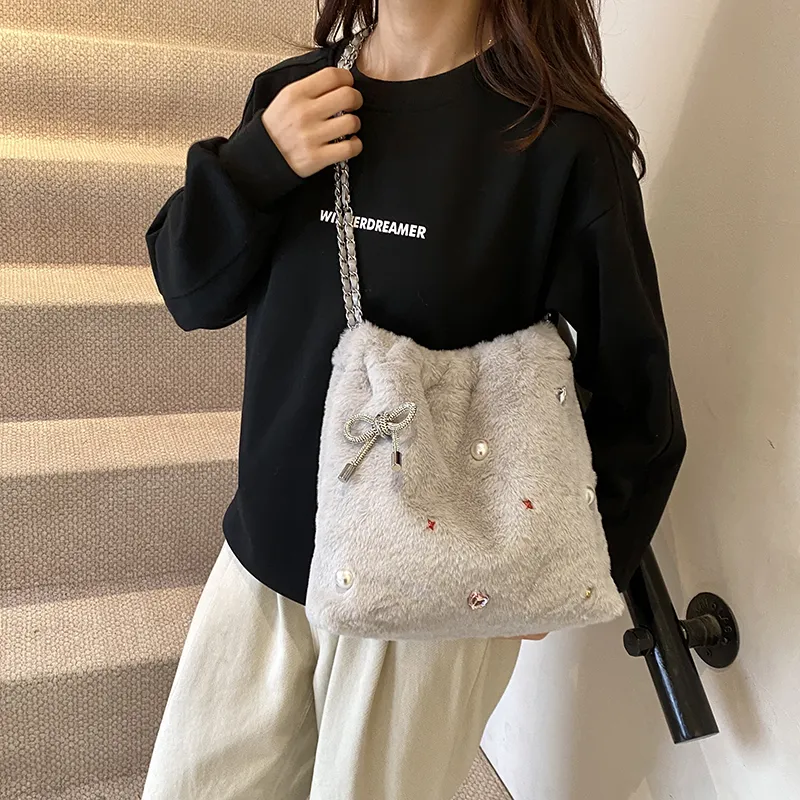 Dusen Kangaroo Plush Portable Crossbody Bag, Shoulder Bag Women's Ecru/Gray/Black/Khaki-12