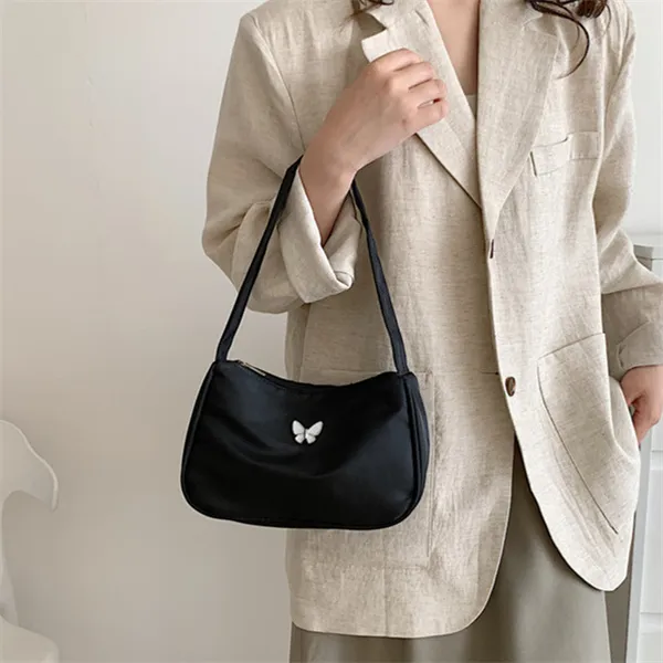 Dusen Kangaroo Nylon Shoulder Bag Regular Women's Black/White-4