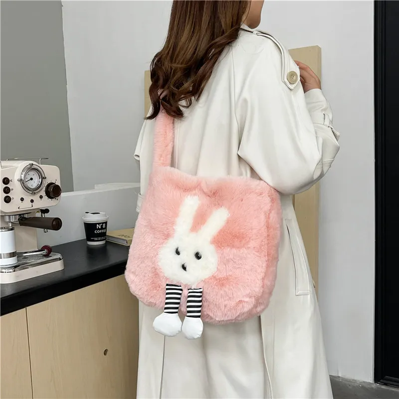 Dusen Kangaroo Plush Shoulder Bag Women's White/Gray/Khaki/Green/Pink-24