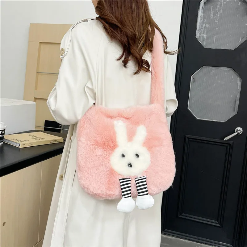 Dusen Kangaroo Plush Shoulder Bag Women's White/Gray/Khaki/Green/Pink-23