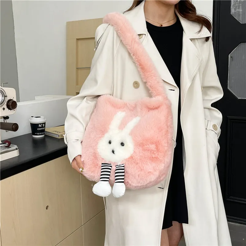 Dusen Kangaroo Plush Shoulder Bag Women's White/Gray/Khaki/Green/Pink-25