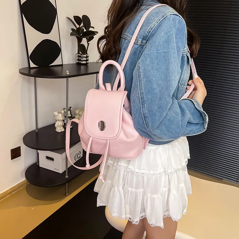 Dusen Kangaroo PU Handbag Small Backpack Regular Women's Ecru/Silver/Black/Pink-21