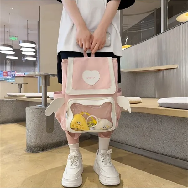 Dusen Kangaroo Nylon With PVC Backpack Regular Unisex Black/Pink/Light Blue/Yellow-7