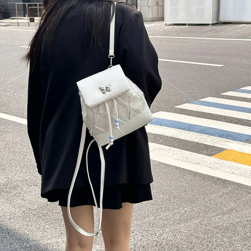 Dusen Kangaroo PU Small Backpack Regular Women's White Black Blue Pink-2