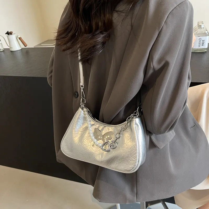 Dusen Kangaroo PU Shoulder Bag, Crossbody Bag Regular Women's Silver/Black/Pink/Ecru-3
