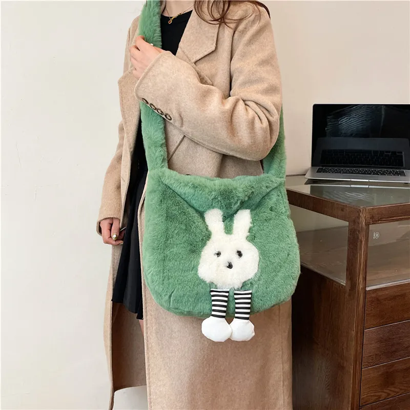 Dusen Kangaroo Plush Shoulder Bag Women's White/Gray/Khaki/Green/Pink-19