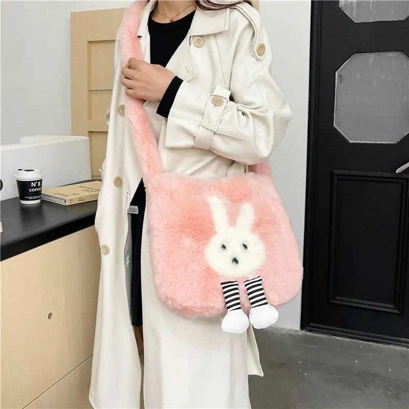 Dusen Kangaroo Plush Shoulder Bag Women's White/Gray/Khaki/Green/Pink-22