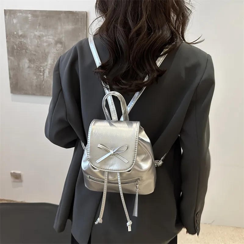 Dusen Kangaroo PU Backpack On The Shoulder Regular Women's Silver/White/Black/Red-4