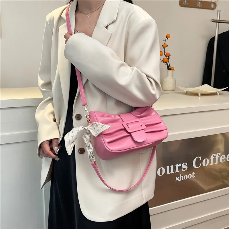 Dusen Kangaroo PU Shoulder Bag Women's White/Black/Ecru/Khaki/Blue/Pink-28