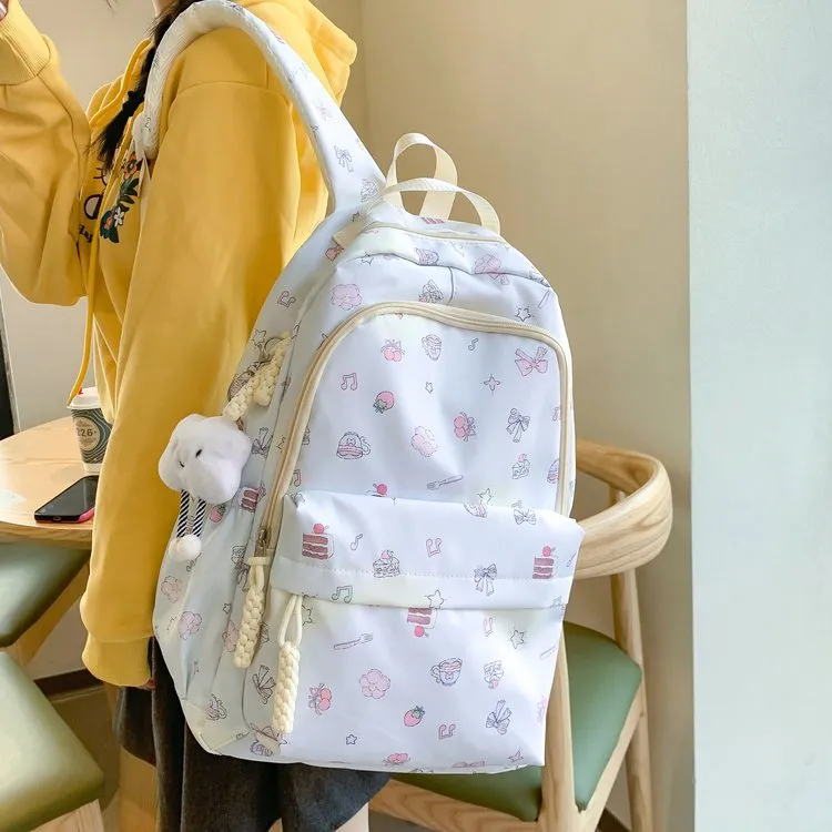 Dusen Kangaroo Nylon Fabric Backpack Regular Unisex White/Pink/Blue-10