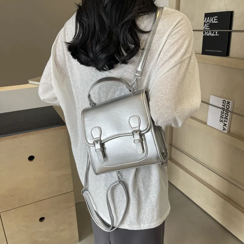 Dusen Kangaroo PU One Shoulder Portable Backpack Women's White/Silver/Burgundy/Black-9
