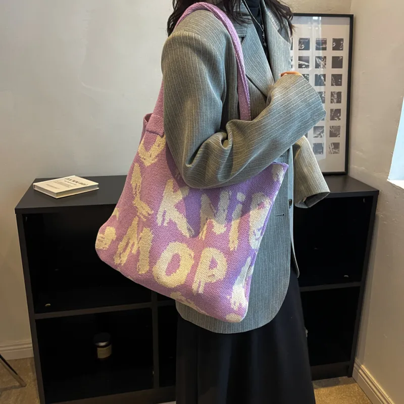 Dusen Kangaroo Knitted Fabric Shoulder Bag Regular Women's Black/Violet/Beige/Pink/Green & White/Green & Pink-9