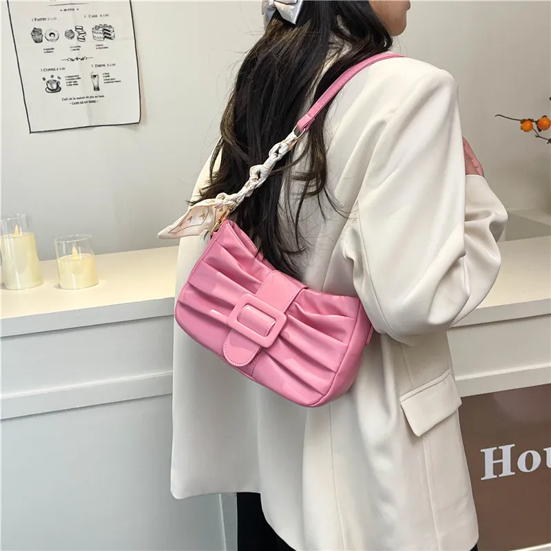 Dusen Kangaroo PU Shoulder Bag Women's White/Black/Ecru/Khaki/Blue/Pink-31