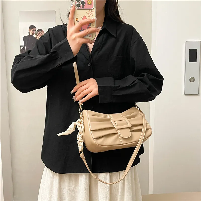 Dusen Kangaroo PU Shoulder Bag Women's White/Black/Ecru/Khaki/Blue/Pink-17
