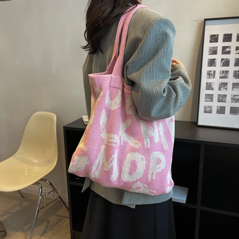 Dusen Kangaroo Knitted Fabric Shoulder Bag Regular Women's Black/Violet/Beige/Pink/Green & White/Green & Pink-21