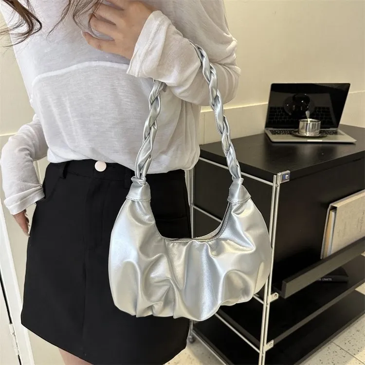 Dusen Kangaroo PU Shoulder Bag Regular Women's White/Silver/Black-4