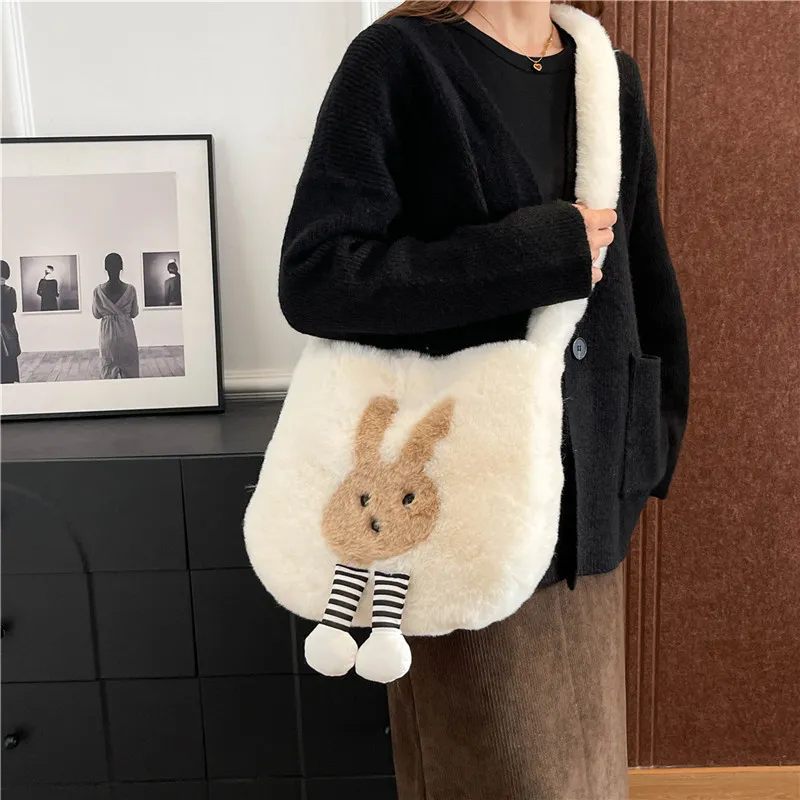 Dusen Kangaroo Plush Shoulder Bag Women's White/Gray/Khaki/Green/Pink-1
