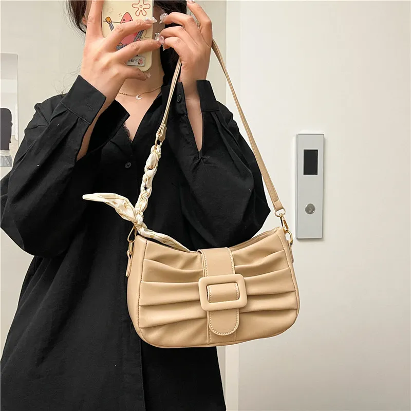 Dusen Kangaroo PU Shoulder Bag Women's White/Black/Ecru/Khaki/Blue/Pink-19