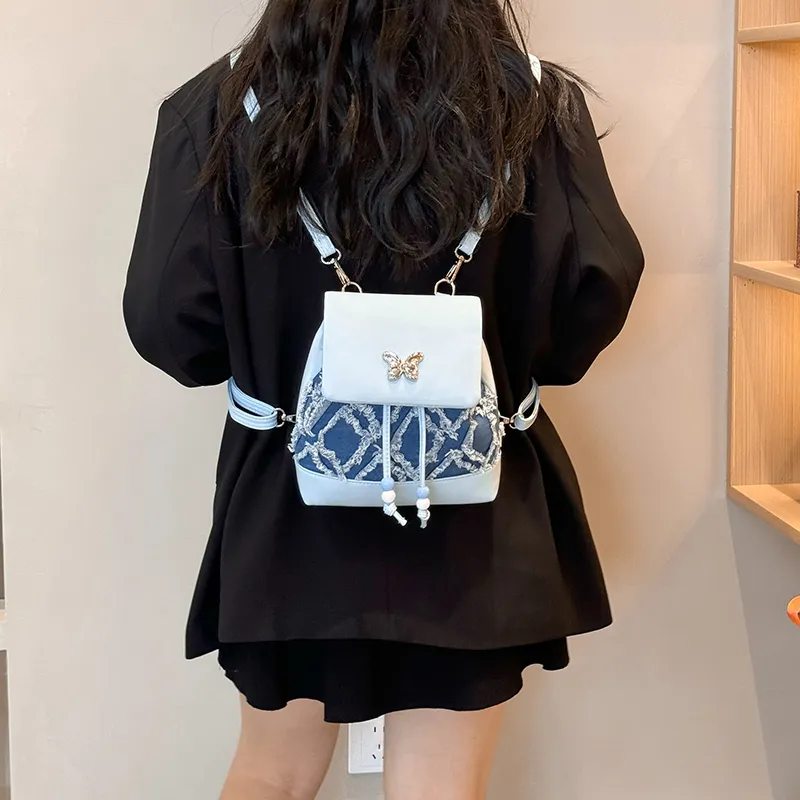 Dusen Kangaroo PU Small Backpack Regular Women's White Black Blue Pink-13