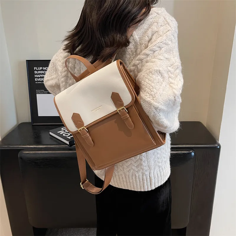 Dusen Kangaroo PU Backpack Women's Black/Coffee/Brown-16