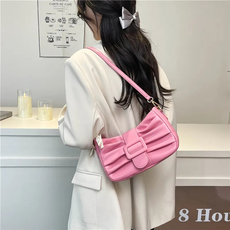 Dusen Kangaroo PU Shoulder Bag Women's White/Black/Ecru/Khaki/Blue/Pink-32