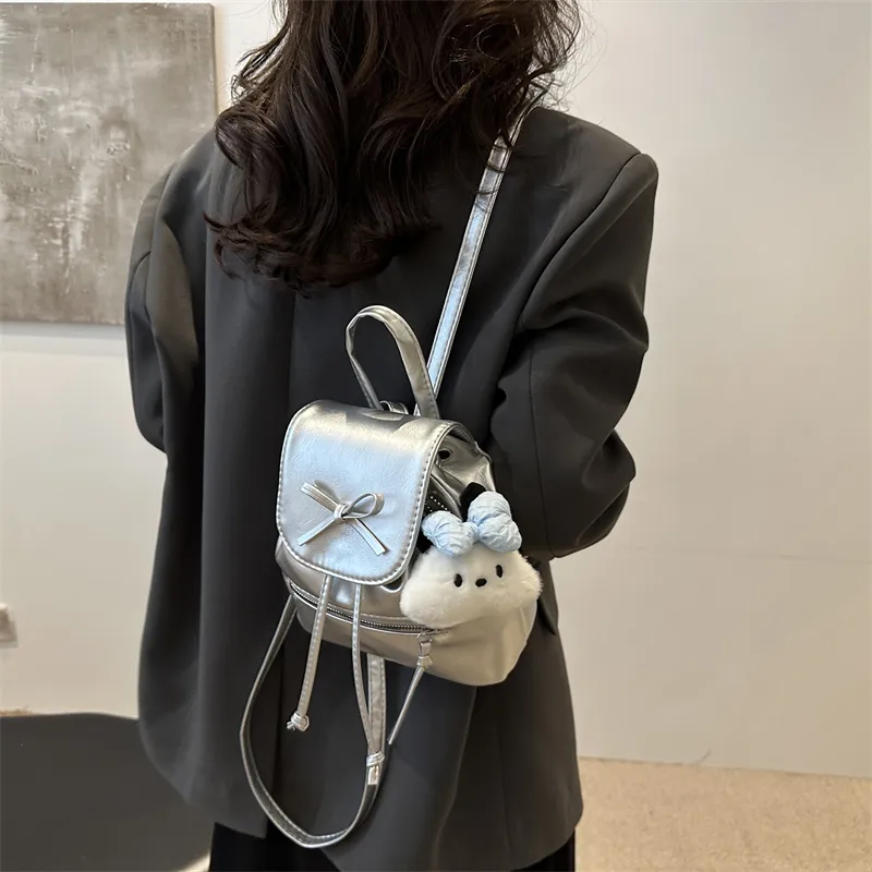 Dusen Kangaroo PU Backpack On The Shoulder Regular Women's Silver/White/Black/Red-2