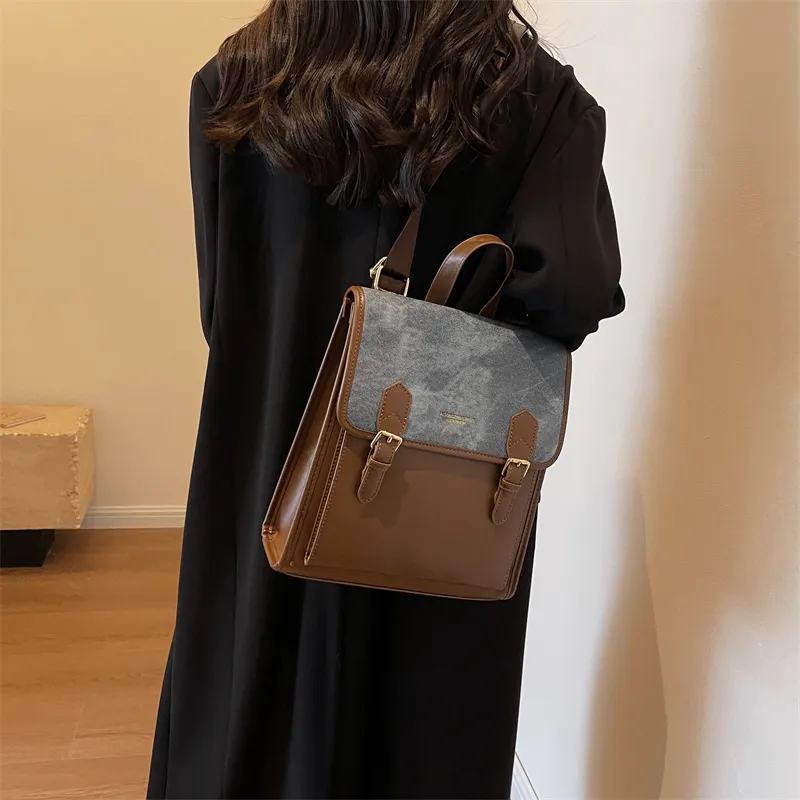 Dusen Kangaroo PU Backpack Women's Black/Coffee/Brown-9