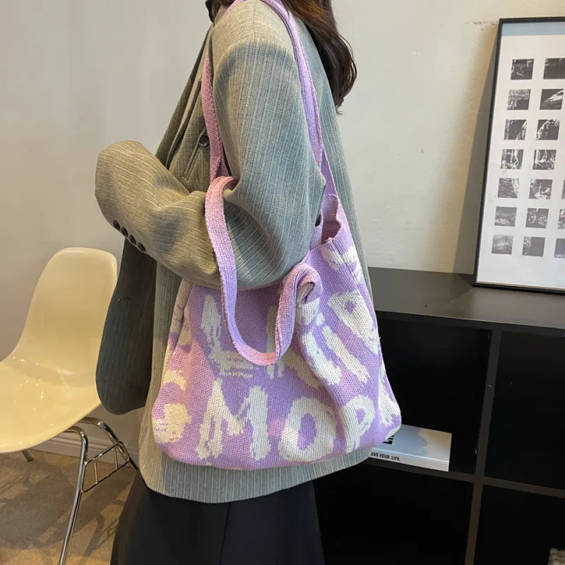 Dusen Kangaroo Knitted Fabric Shoulder Bag Regular Women's Black/Violet/Beige/Pink/Green & White/Green & Pink-8