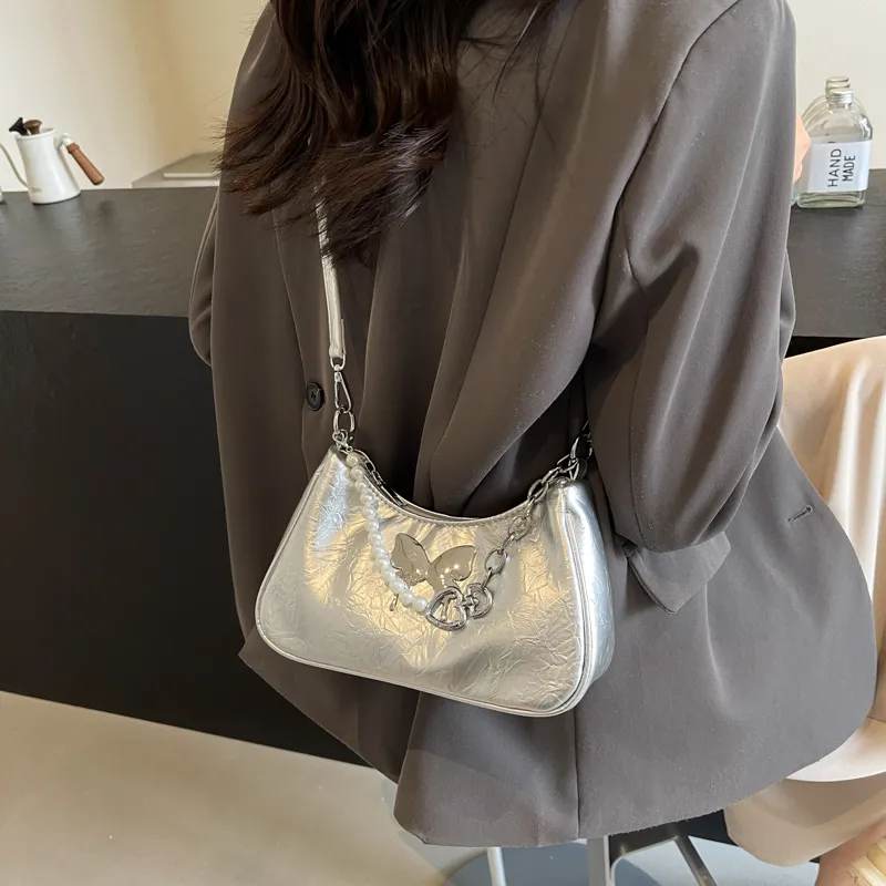 Dusen Kangaroo PU Shoulder Bag, Crossbody Bag Regular Women's Silver/Black/Pink/Ecru-2