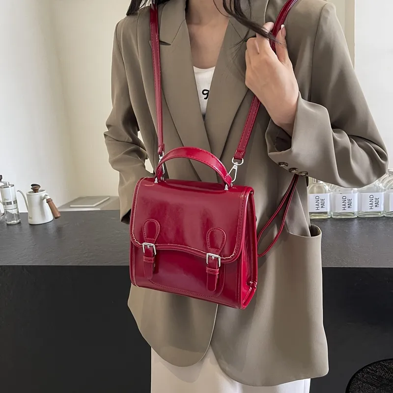 Dusen Kangaroo PU One Shoulder Portable Backpack Women's White/Silver/Burgundy/Black-24