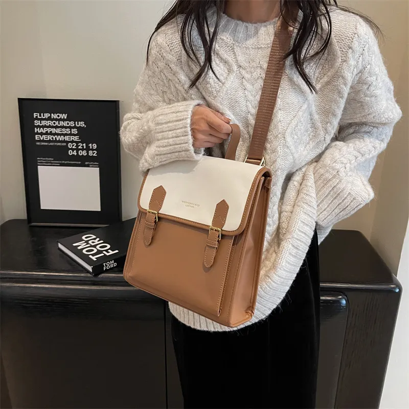 Dusen Kangaroo PU Backpack Women's Black/Coffee/Brown-19