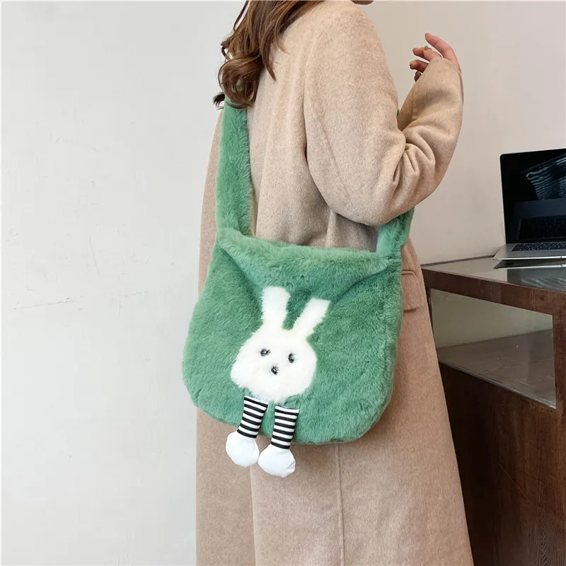 Dusen Kangaroo Plush Shoulder Bag Women's White/Gray/Khaki/Green/Pink-18