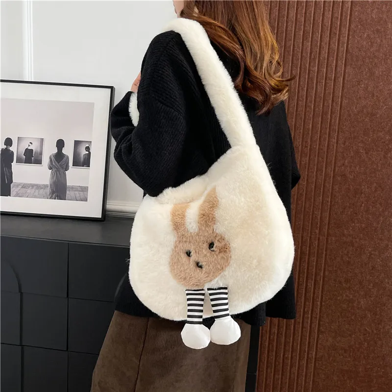 Dusen Kangaroo Plush Shoulder Bag Women's White/Gray/Khaki/Green/Pink-4