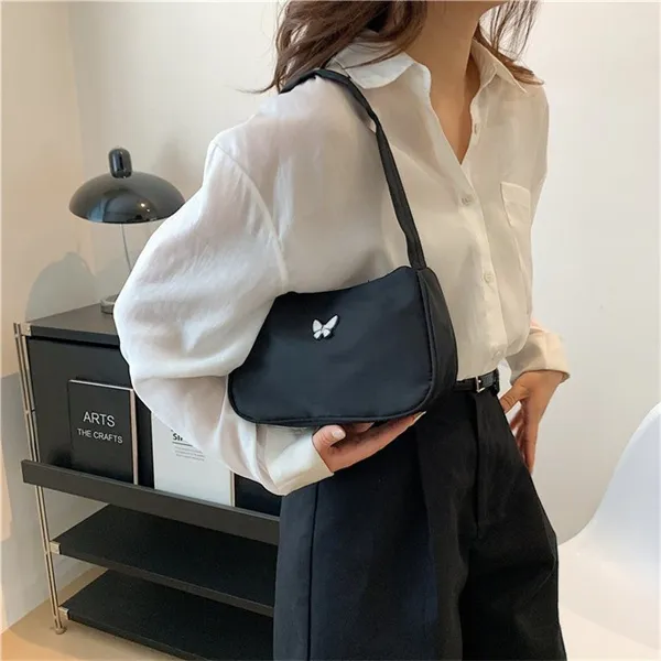 Dusen Kangaroo Nylon Shoulder Bag Regular Women's Black/White-3
