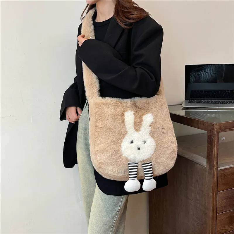 Dusen Kangaroo Plush Shoulder Bag Women's White/Gray/Khaki/Green/Pink-13
