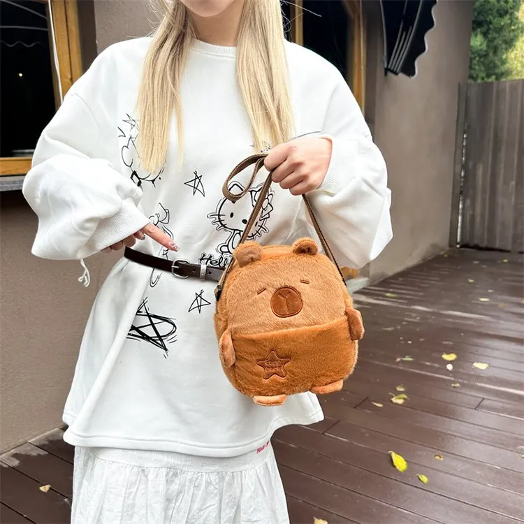 Dusen Kangaroo Plush Shoulder Bag Unisex White/Light Brown-13