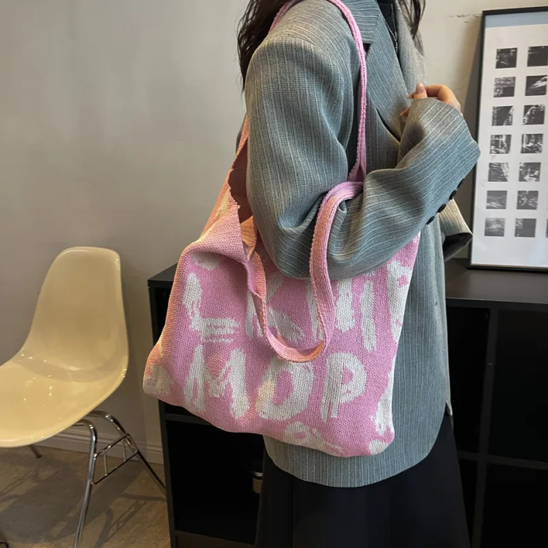 Dusen Kangaroo Knitted Fabric Shoulder Bag Regular Women's Black/Violet/Beige/Pink/Green & White/Green & Pink-22