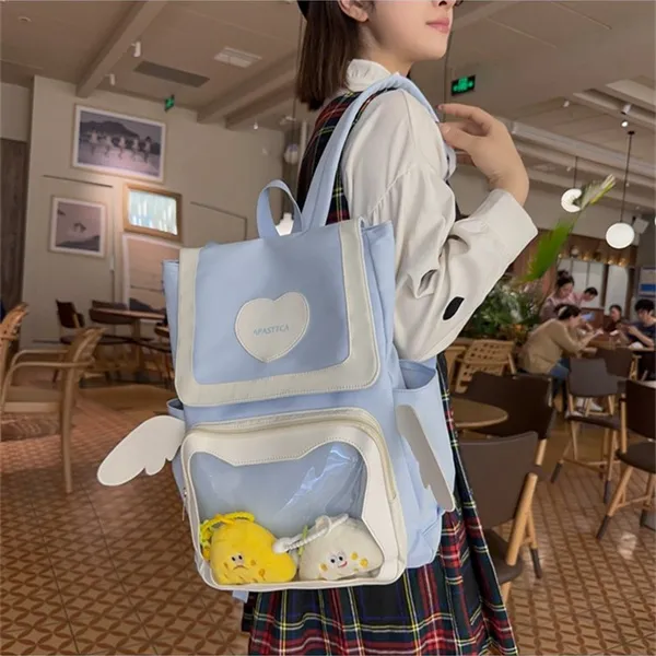 Dusen Kangaroo Nylon With PVC Backpack Regular Unisex Black/Pink/Light Blue/Yellow-10