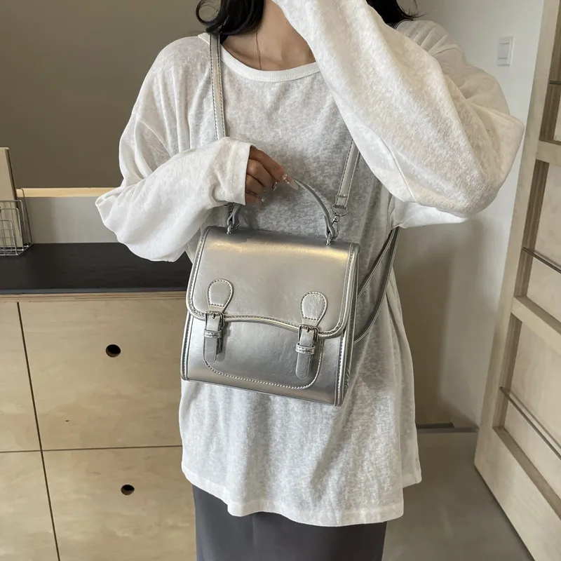 Dusen Kangaroo PU One Shoulder Portable Backpack Women's White/Silver/Burgundy/Black-10