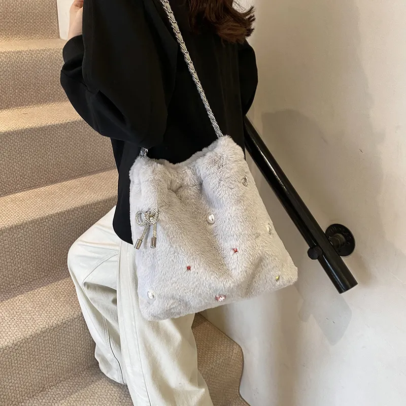 Dusen Kangaroo Plush Portable Crossbody Bag, Shoulder Bag Women's Ecru/Gray/Black/Khaki-11