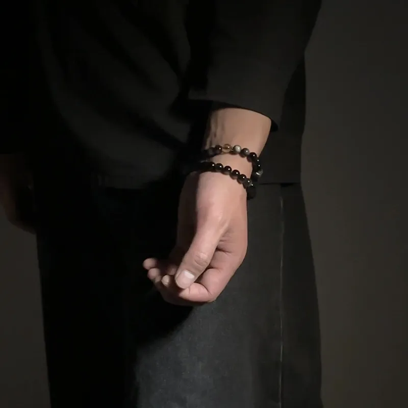 MOUNTAINS AND MANS Natural Obsidian New Chinese Style Stackable Good Luck Beaded Bracelet Unisex-5