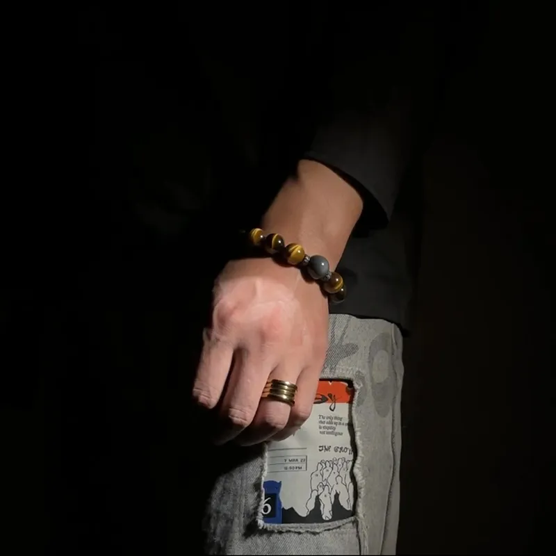 MOUNTAINS AND MANS Tiger's Eye Stone New Chinese Style Good Luck Beaded Bracelet Men's-5