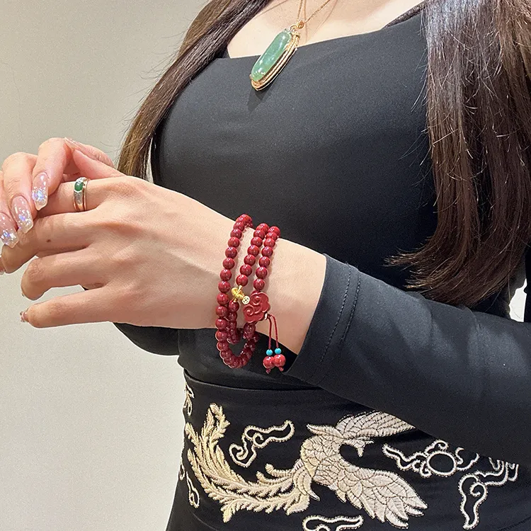 MOUNTAINS AND MANS Reconstructed Cinnabar Auspicious Fortune Beaded Bracelet Unisex-5
