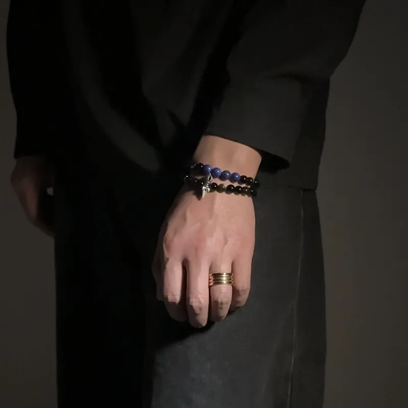 MOUNTAINS AND MANS Natural Obsidian New Chinese Style Stackable Good Luck Beaded Bracelet Unisex-6