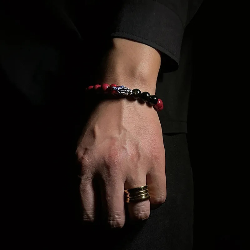 MOUNTAINS AND MANS Reconstructed Cinnabar Fortune Beaded Bracelet Unisex-3