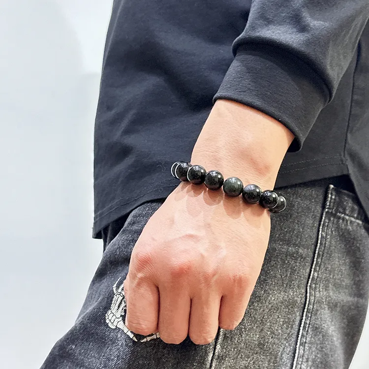 MOUNTAINS AND MANS Obsidian New Chinese Style Good Luck Beaded Bracelet Unisex-12
